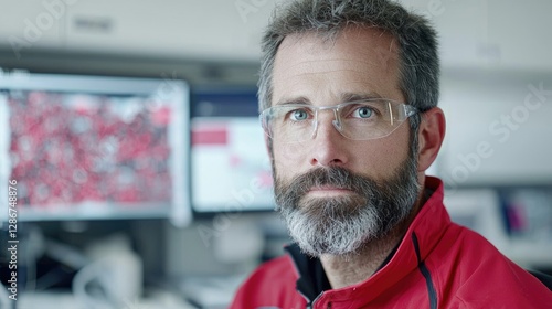 Scientist works in lab, data on screen