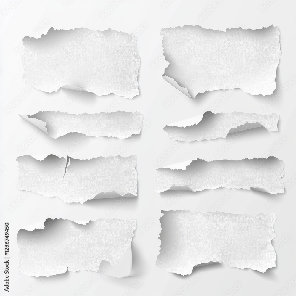 Torn White Paper Pieces Set, Realistic Rough Edges and Shadow Effect, Perfect for Collage Backgrounds and Abstract Designs Torn White Paper Pieces Set, Realistic Rough Edges and Shadow Effect, Perfect for Collage Backgrounds and Abstract Designs