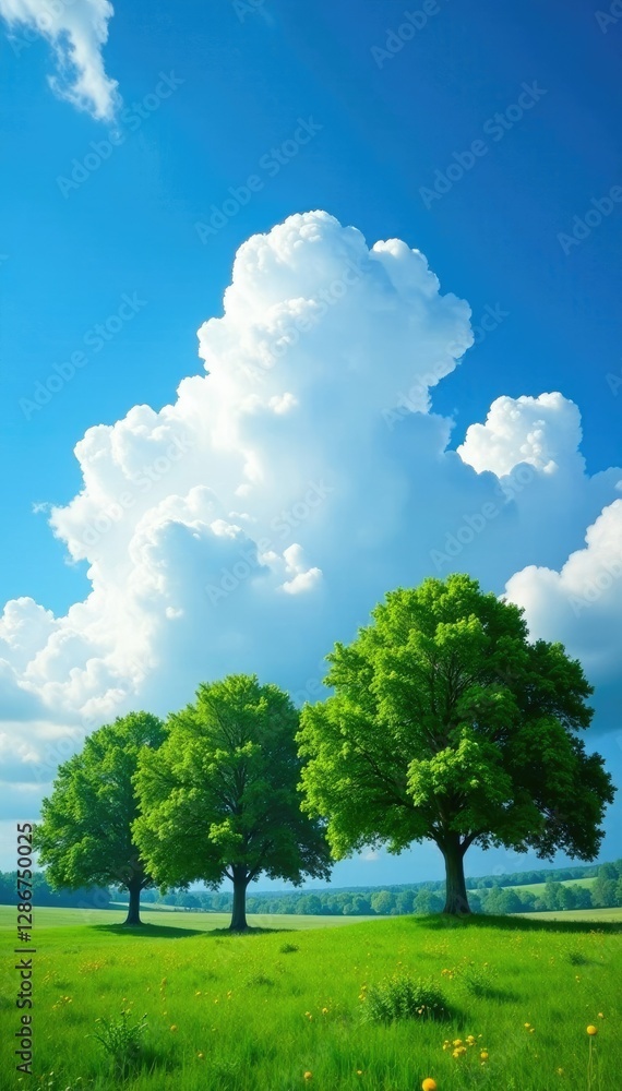 Treeline against a vast blue sky with fluffy white clouds, blue, nature Treeline against a vast blue sky with fluffy white clouds, blue, nature