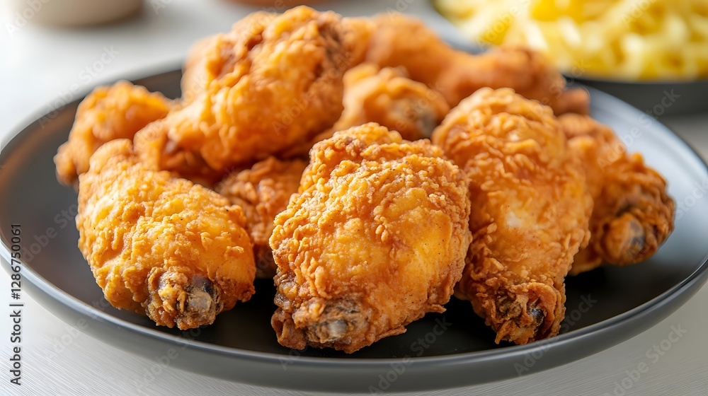 Crispy golden fried chicken wings served on a black plate with pasta in the background Crispy golden fried chicken wings served on a black plate with pasta in the background