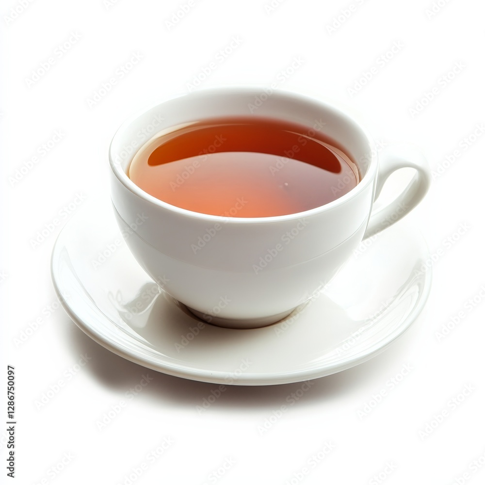 White Tea Cup with Black Tea on Saucer, Offering a Simple and Elegant Presentation on White Background White Tea Cup with Black Tea on Saucer, Offering a Simple and Elegant Presentation on White Background