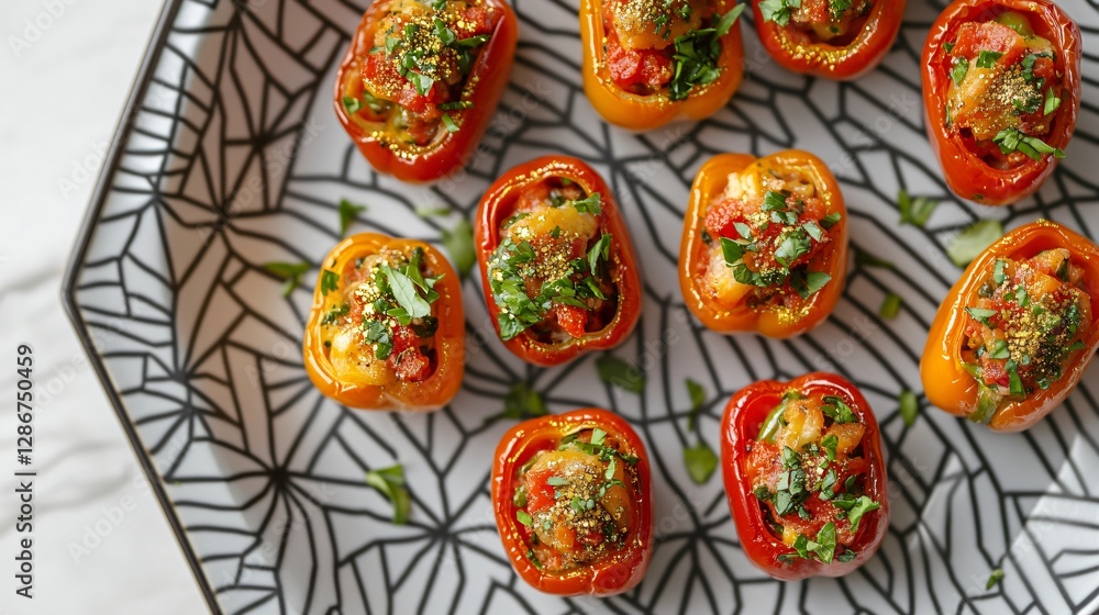 Tiny stuffed mini bell peppers, arranged symmetrically on a geometric modern plate with a touch of edible gold dust Tiny stuffed mini bell peppers, arranged symmetrically on a geometric modern plate with a touch of edible gold dust