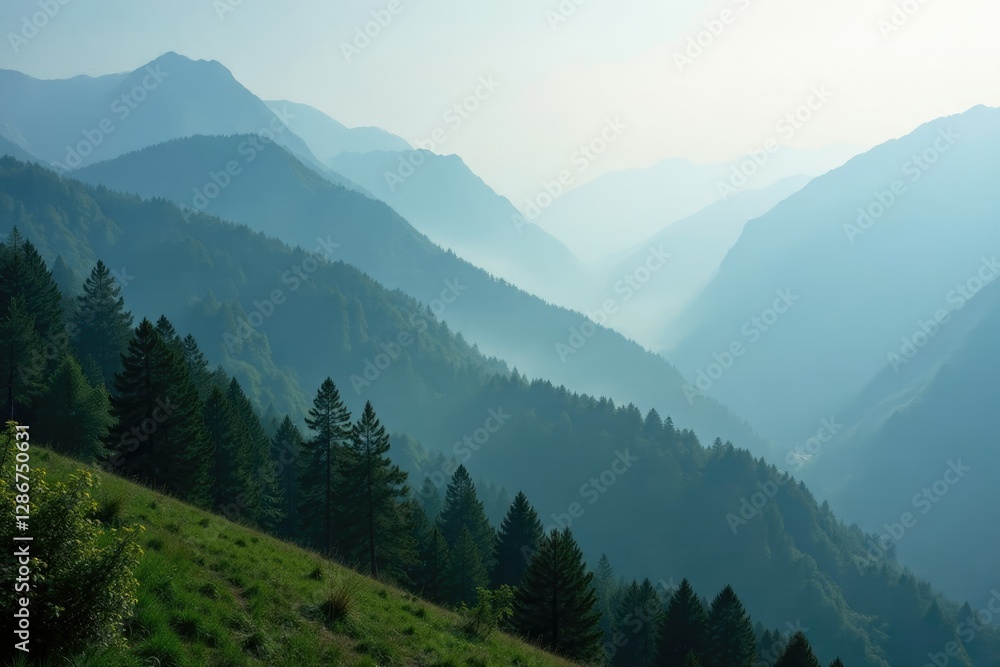 Fototapeta premium Mountain landscape with misty atmosphere and gentle slopes, misty, forest scenery, natural scenery