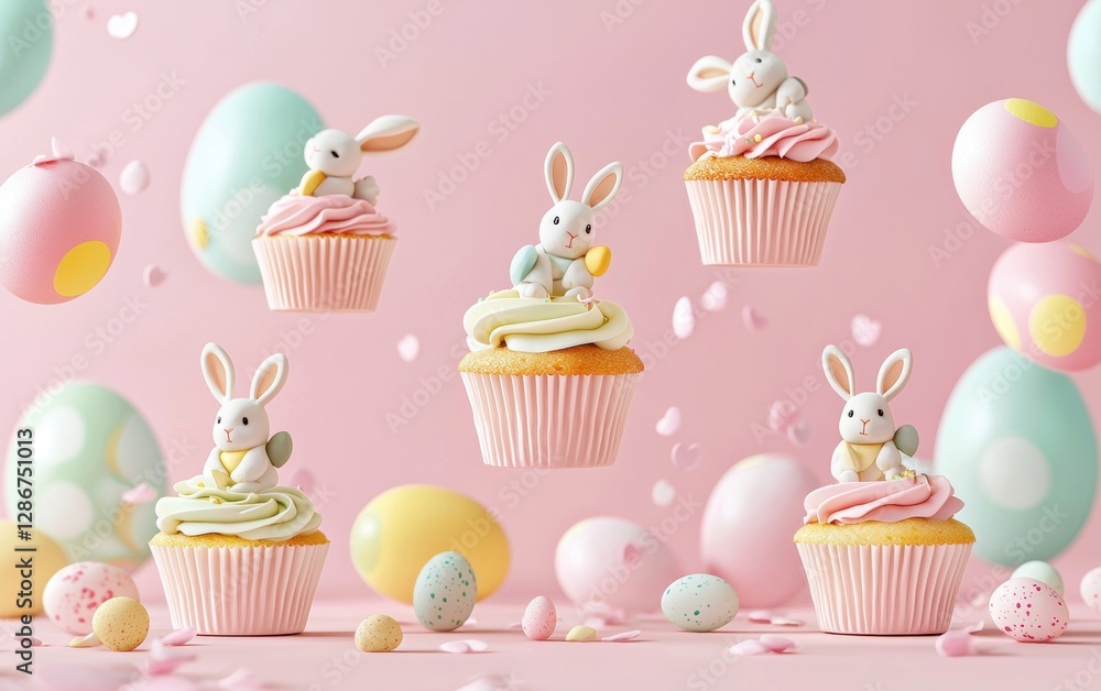 Floating decorated Easter cupcakes with bunny toppers on a pastel pink background Easter Day Floating decorated Easter cupcakes with bunny toppers on a pastel pink background Easter Day