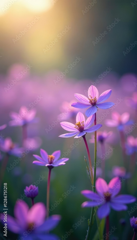 Fototapeta premium Delicate purple blooms dance in the garden's natural haze, sweet, flower field