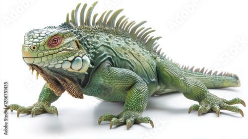 Vibrant green iguana on white background