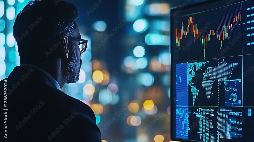 Mature Indian or Latin business man ceo trader using computer, typing, working in modern office, doing online data market analysis, thinking planning tech strategy looking at laptop with copy space.