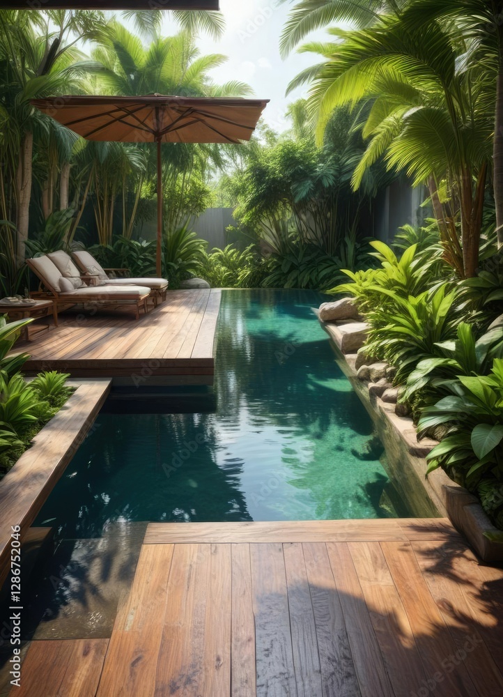 Fototapeta premium Wooden patio overlooking tranquil pool surrounded by tropical plants, peaceful, lush tropical, patio