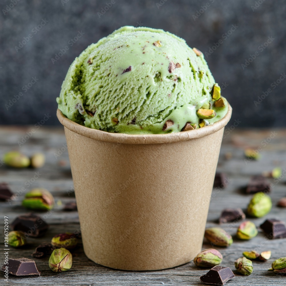 Vibrant pistachio ice cream in brown cup