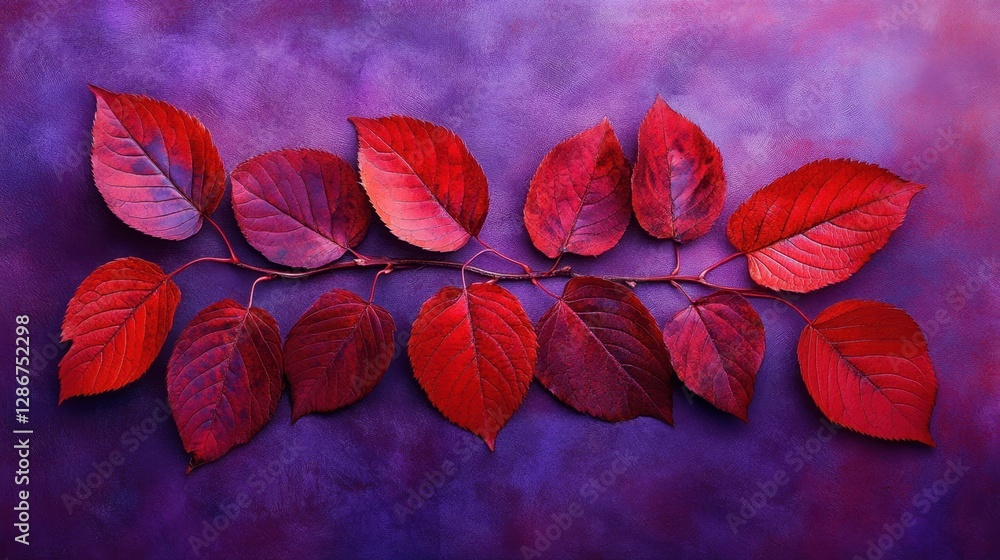 Vibrant red autumn leaves on purple background