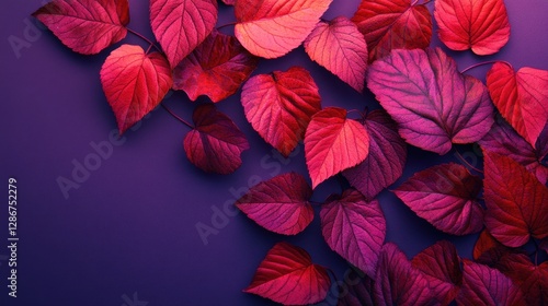Vibrant red autumn leaves on purple background