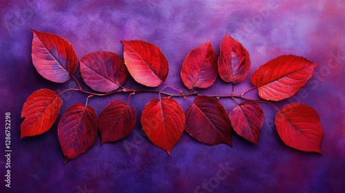 Obraz na płótnie Vibrant red autumn leaves on purple background w salonie