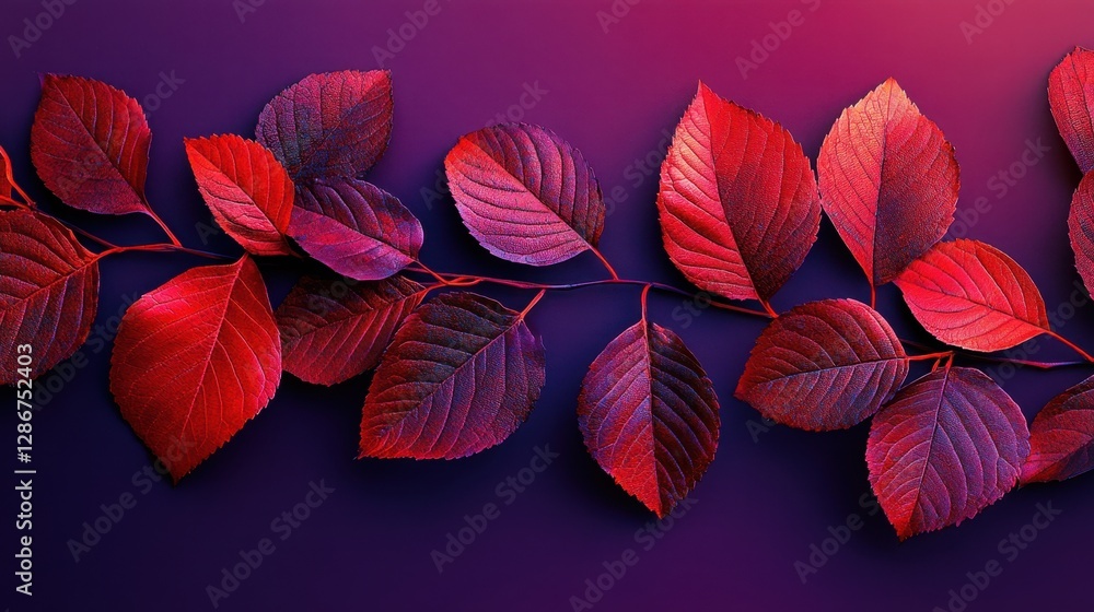 Vibrant red autumn leaves on purple background