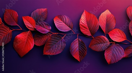 Obraz na płótnie Vibrant red autumn leaves on purple background w salonie
