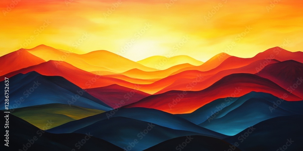 Vibrant sunset over silhouetted mountain ranges