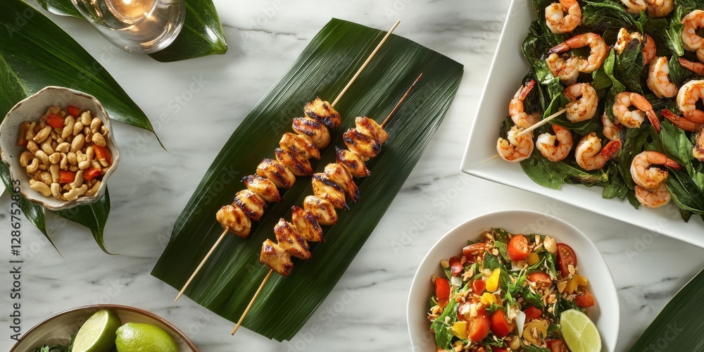 Vibrant thai food spread on marble surface