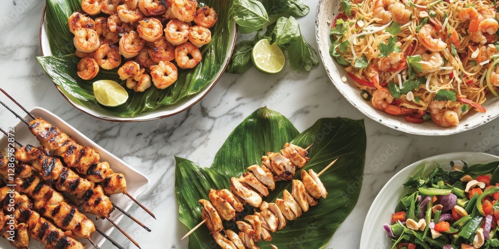 Vibrant thai food spread on marble surface