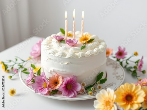 Wide-angle shot of a white birthday cake on a decorative plate with fresh flowers and greenery surrounding it, natural decor, greenery, farmhouse style decor