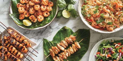 Vibrant thai food spread on marble surface