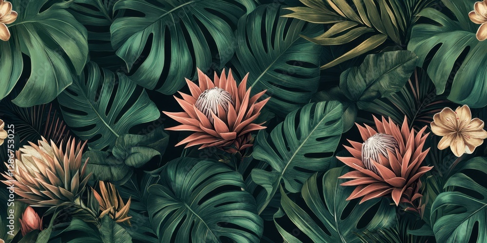 Vibrant tropical foliage and protea pattern