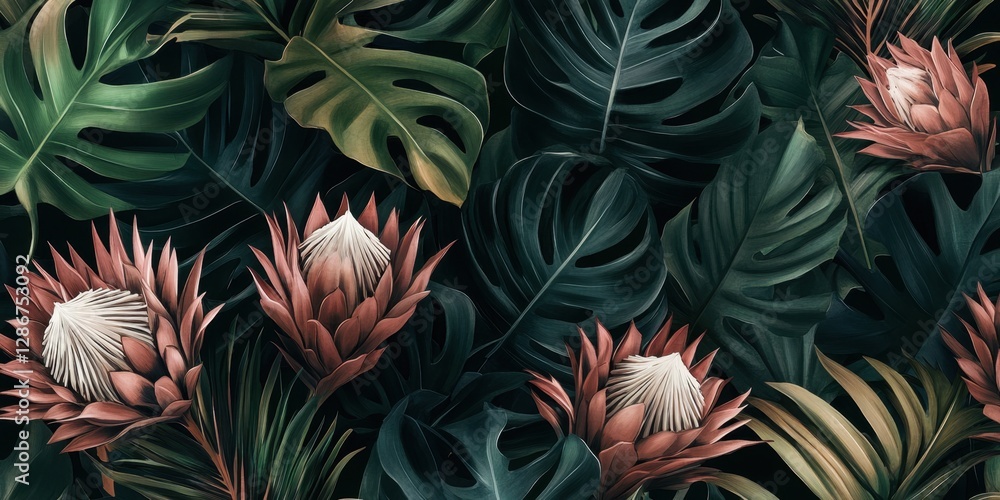 Vibrant tropical foliage with monstera and protea