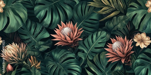 Obraz na płótnie Vibrant tropical foliage and protea pattern w salonie