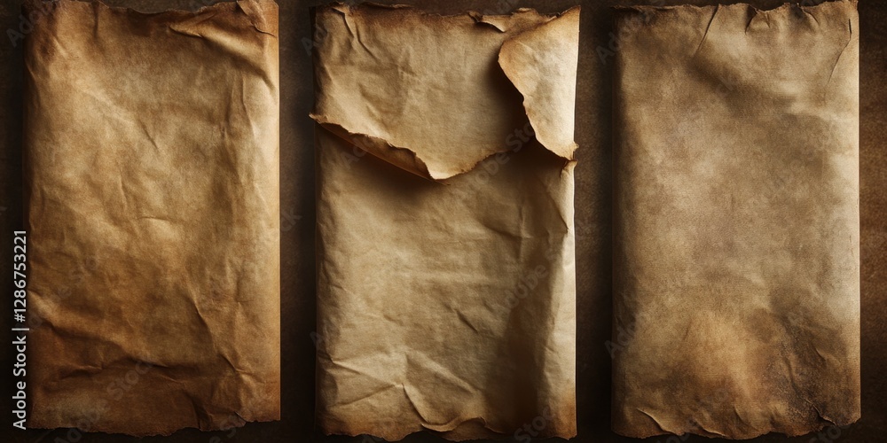Vintage aged parchment papers on display