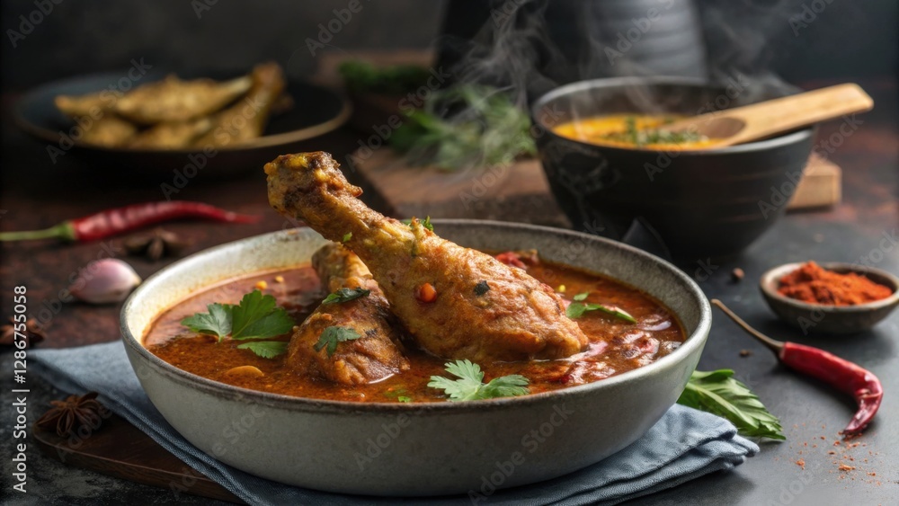 Delicious chicken drumstick curry (Murg Tangdi Masala) served in a bowl with rich, spicy gravy against a moody background in selective focus.
Delicious chicken drumstick curry (Murg Tangdi Masala) served in a bowl with rich, spicy gravy against a moody background in selective focus.