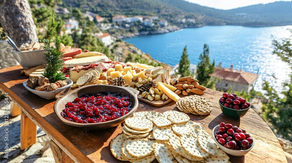Fototapeta premium A cranberry sauce charcuterie spread, with a variety of cheeses, crackers, and nuts arranged on a festive wooden serving board