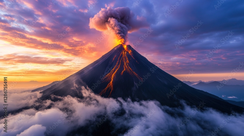 Volcano Eruption with Lava Flowing at Sunset Above the Clouds Volcano Eruption with Lava Flowing at Sunset Above the Clouds