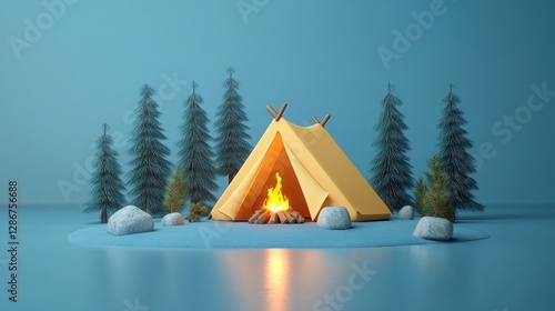 Fototapeta Naklejka Na Ścianę i Meble -  3D Camping Scene, Minimalist Tent, Campfire, Forest Island