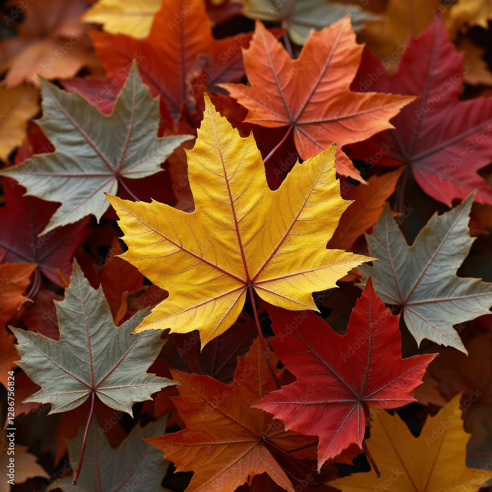 Bright Yellow Maple Leaf Among Colorful Autumn Foliage – Vibrant Fall Season Background Bright Yellow Maple Leaf Among Colorful Autumn Foliage – Vibrant Fall Season Background