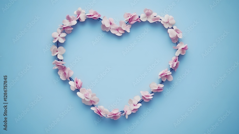 Decorative Floral Heart Shape Made of Pink Flowers on a Soft Blue Background Decorative Floral Heart Shape Made of Pink Flowers on a Soft Blue Background