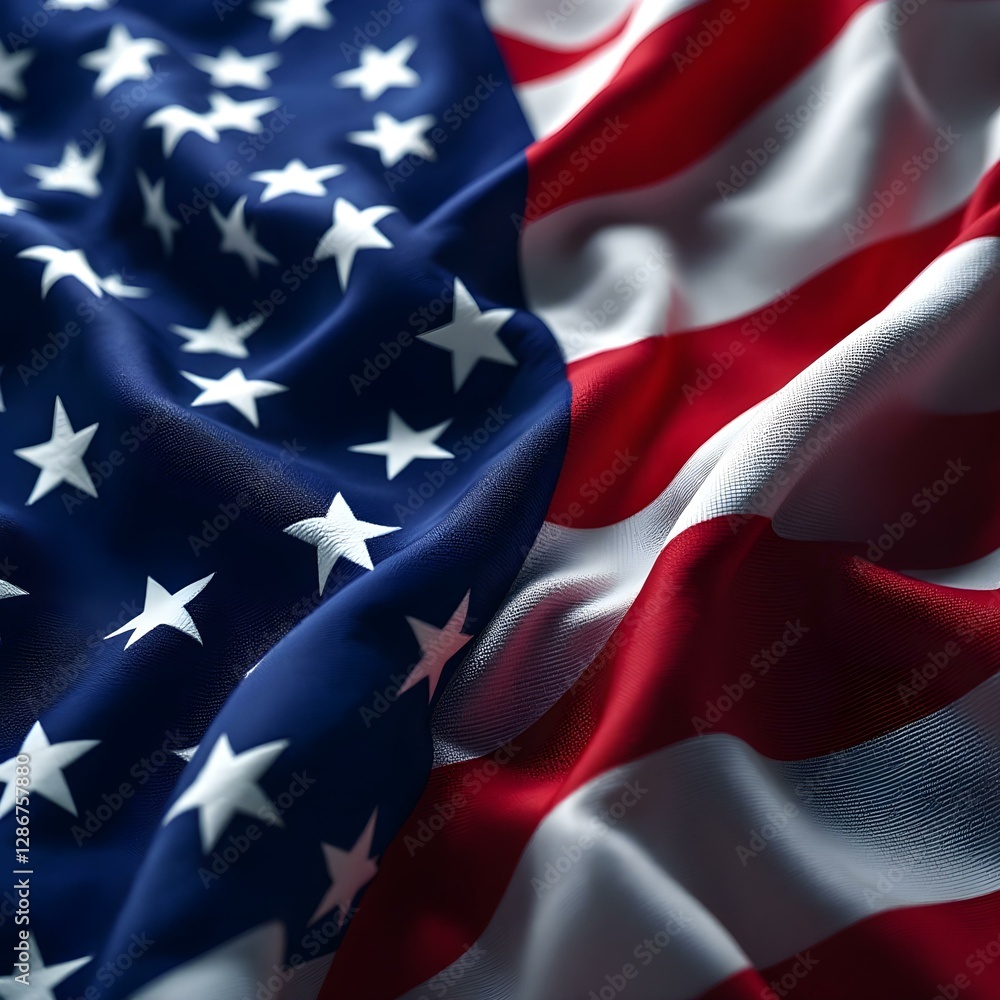 Fototapeta premium American flag, close-up, waving, patriotic, stars and stripes, red white and blue,