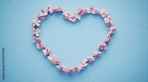 Decorative Floral Heart Shape Made of Pink Flowers on a Soft Blue Background