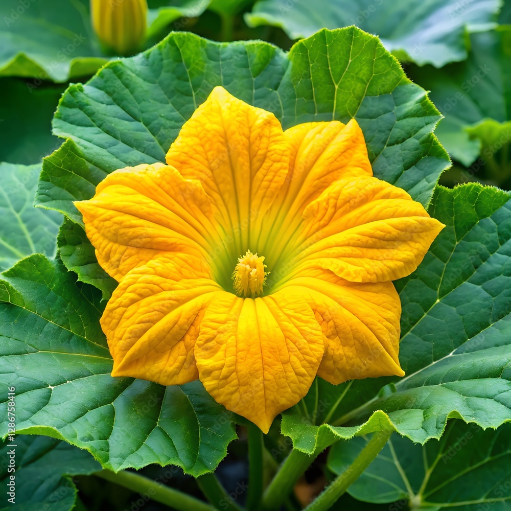 A vibrant yellow pumpkin flower with lush green leaves frames the composition, showcasing its natural beauty A vibrant yellow pumpkin flower with lush green leaves frames the composition, showcasing its natural beauty