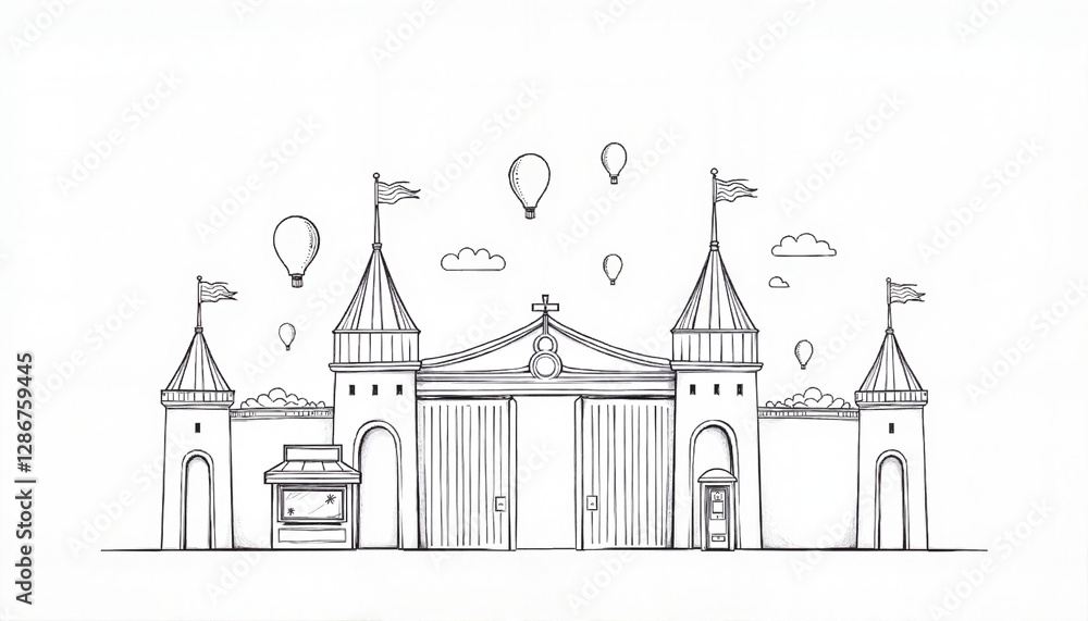 Fototapeta premium Minimalist amusement park entrance illustration with balloons, excitement