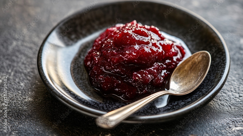 A single, carefully placed dollop of cranberry sauce on a sleek black plate, with a tiny silver spoon beside it A single, carefully placed dollop of cranberry sauce on a sleek black plate, with a tiny silver spoon beside it