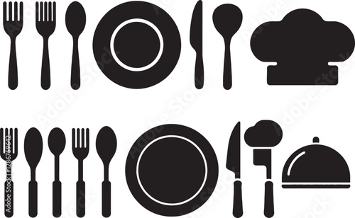 Fork, spoon, knife, plate, chef hat, and cloche or tray icon. Cutlery icon set in line and flat style
