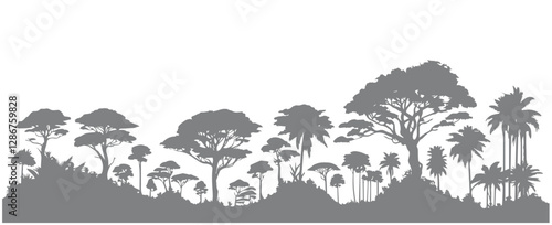 Tropical landscape black silhouette vector illustration. Exotic flora, palm trees and hills. Monochrome rainforest vegetation, jangle plants vector