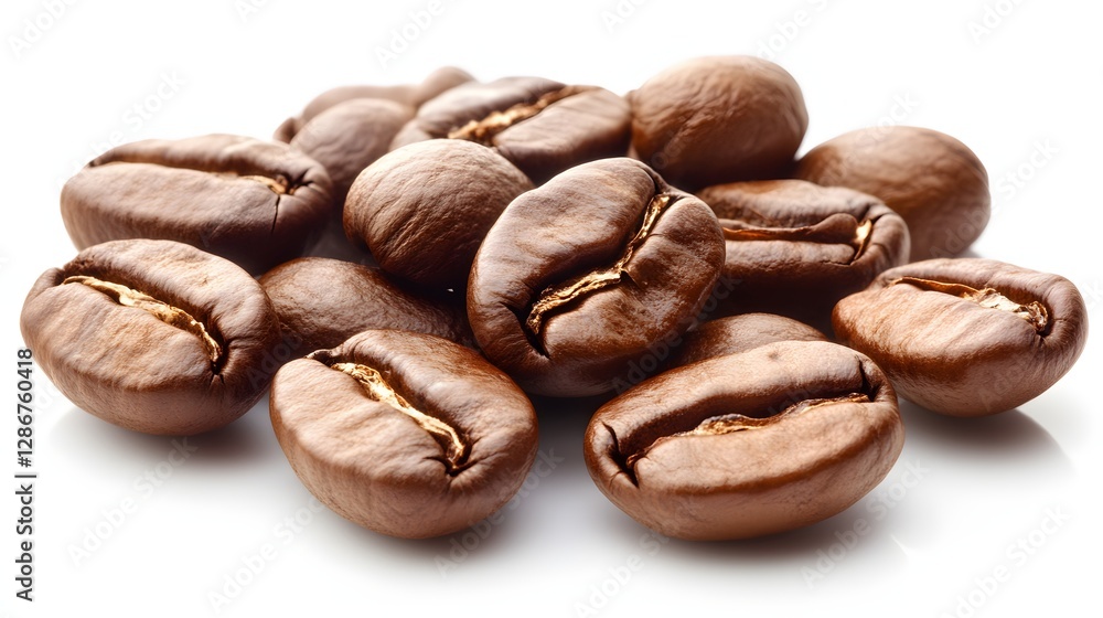 Closeup of Roasted Coffee Beans on a White Background Highlighting Their Rich Aroma and Texture Closeup of Roasted Coffee Beans on a White Background Highlighting Their Rich Aroma and Texture