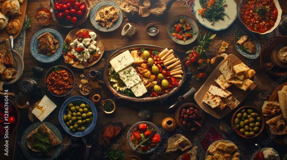 Fototapeta premium Vibrant Spread of Mediterranean Cuisine Featuring Fresh Ingredients and Artful Presentation