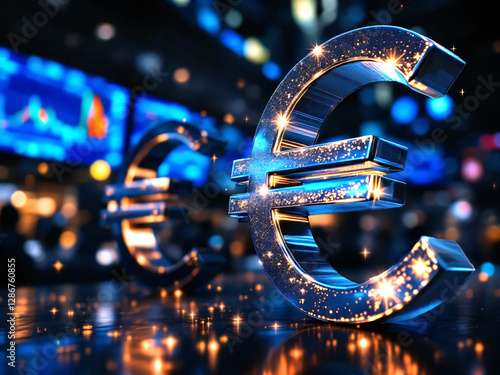 Shiny metallic euro symbol against the background of stock charts. Finance, investment and currency market concept.