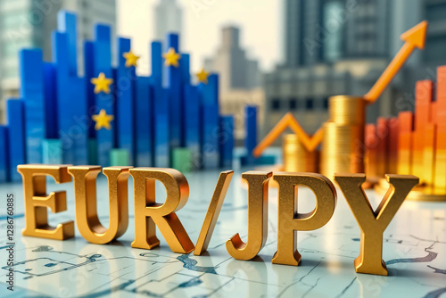 Gold volumetric letters EUR/JPY against the background of the EU flag, coins and stock charts. Currency market. Finance