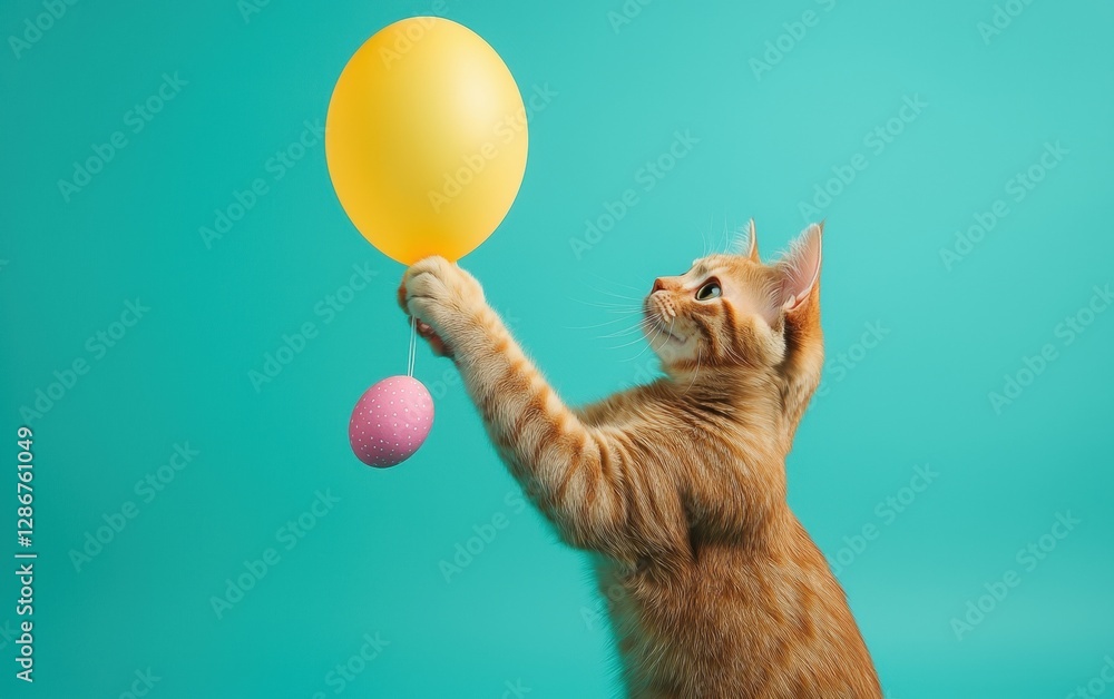 Fototapeta premium Mischievous cat pawing at a floating Easter balloon on a deep aquamarine background Easter