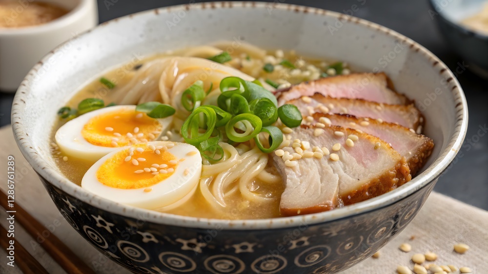 Delicious Japanese Ramen Noodle Soup with Pork Soft Boiled Egg and Green Onions Delicious Japanese Ramen Noodle Soup with Pork Soft Boiled Egg and Green Onions