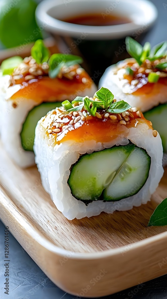 Beautifully crafted green sushi roll with a refreshing cucumber filling and a creamy wasabi topping presented on a wooden plate against a soft focus background Beautifully crafted green sushi roll with a refreshing cucumber filling and a creamy wasabi topping presented on a wooden plate against a soft focus background