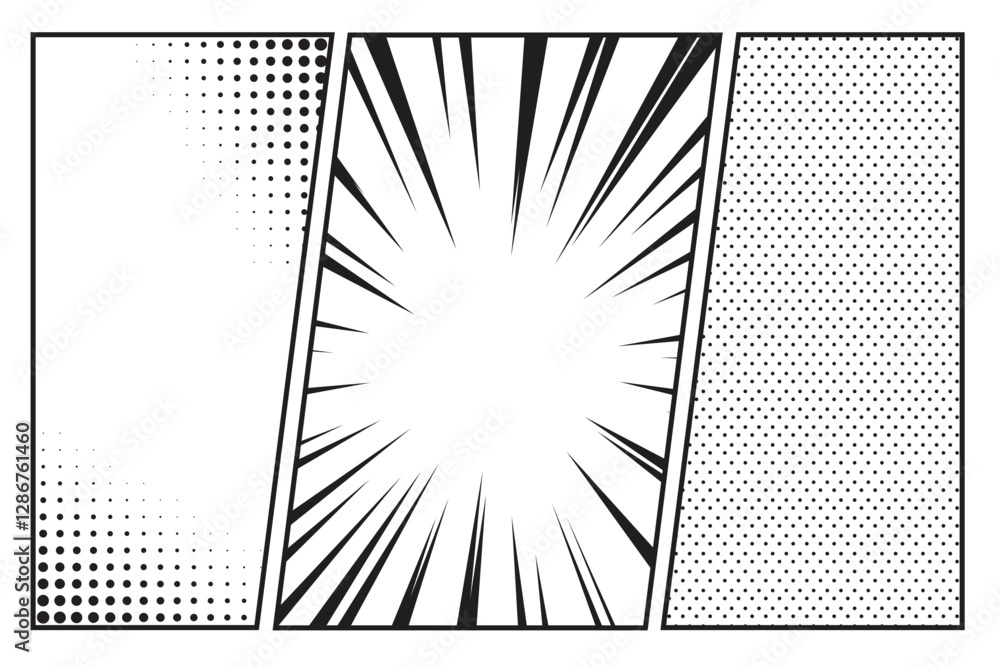 Fototapeta premium Comic book 3 panels, storyboard style pop art, frame retro cartoon, black and white