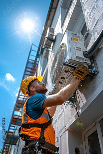 A technician wearing a safety helmet and vest carefully installs an air conditioning unit on the wall of a building. Blue sky and sunlight enhance the outdoor work environment