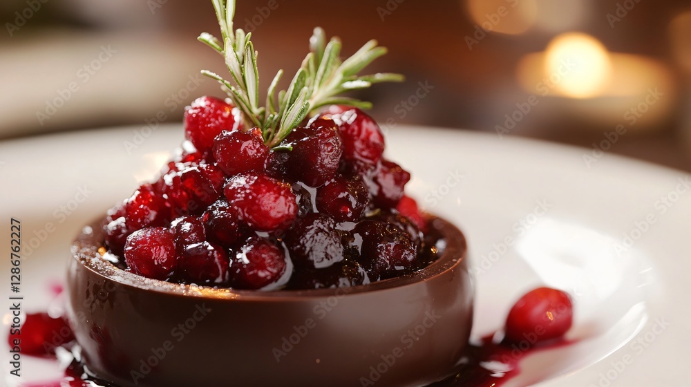 Cranberry sauce served in an edible chocolate bowl, topped with a tiny sprig of candied rosemary Cranberry sauce served in an edible chocolate bowl, topped with a tiny sprig of candied rosemary
